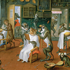 Barbers shop with Monkeys and Cats (oil on copper)