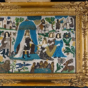 A bead and raised work panel depicting Esther and Ahasuerus
