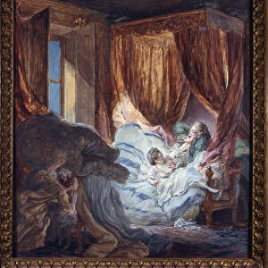 The bride is prying. Painting by Pierre Antoine Baudouin (1723-1769)
