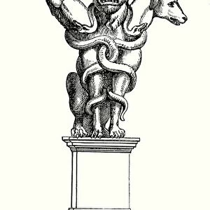Bronze statue of Cerberus, the three-headed dog that guards the gates of the Underworld to prevent the dead from leaving in ancient Greek and Roman mythology (engraving)