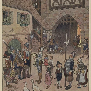 The burghers of Riquewihr called to arms (colour litho)