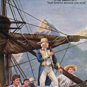 Captain Cook circumnavigating New Zealand, 1769 (colour litho)