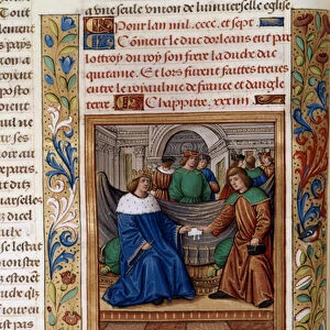 Charles VI and Henry V signing the Treaty of Troyes in 1420, illustration from the Chroniques de Monstrelet (vellum)