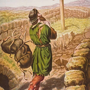 Christian loses his burden at the cross, illustration from The Pilgrim s