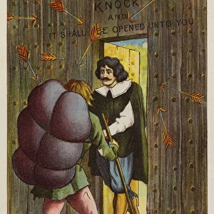 Christian at the wicket gate, scene from The Pilgrims Progress, by John Bunyan (chromolitho)