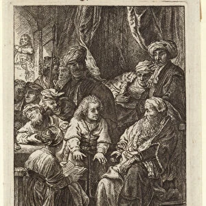 A crowd of people gathered around a seated old man (engraving)