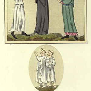 Ecclesiastical habits of the 13th Century (coloured engraving)