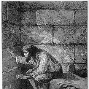 Edmond Dantes, the Count of Monte Cristo (Monte Cristo) in his prison - Engraving by Riou