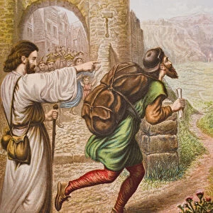 Evangelist directs Christian on his way, illustration from The Pilgrim s