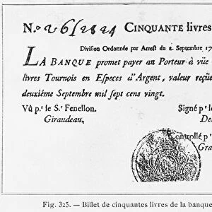 Fifty pounds French banknote from the Law Bank, dated 2nd September 1720 (engraving