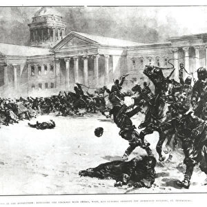First Blood in the Revolution: Repulsing the Strikers with Sword, Whip and Gunshot opposite the Admiralty Building, St. Petersburg, 1905 (oil on canvas) (b / w photo)