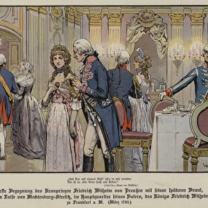 First meeting of Crown Prince Frederick William of Prussia and his future bride, Princess Louise of Mecklenburg-Strelitz at the headquarters of his father, King Frederick William II, at Frankfurt, 1793 (colour litho)