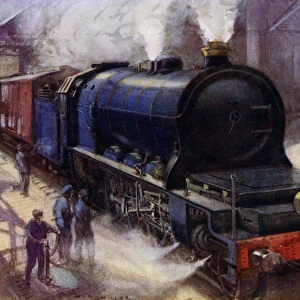 The Flamme Pacific, 2-10-0 locomotive that hauled the Brussels to Ostend express service on Belgian State Railways, the most powerful locomotive in Europe of its time (colour litho)