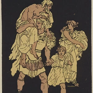 The flight from Troy (colour litho)