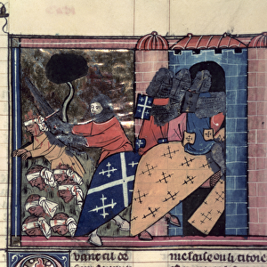 Fr 22495 fol. 115r Mounted Crusaders fighting against the Saracens in c