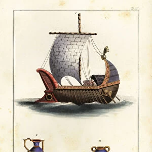 Frankish ship with naval ram, mast with sail and rigging, rowers and oars, rudder, 9th century