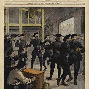 French mountain troops dancing to a barrel organ (colour litho)
