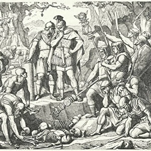 Germanicus burying the bones of soldiers of the three Roman legions commanded by Publius Quinctilius Varus destroyed by the Germans at the Battle of Teutoburg Forest in 9 BC (engraving)