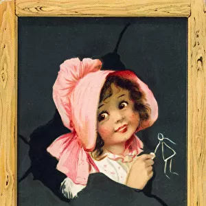 Girl drawing on a blackboard (colour litho)