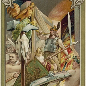 Heimdallr blowing the Gjallar horn to summon the gods of Valhalla to combat (chromolitho)