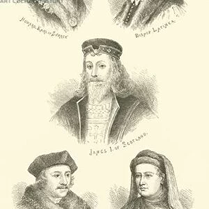 Howard, Earl of Surrey, Bishop Latimer, James I of Scotland, Sir Thomas More, William Caxton (engraving)