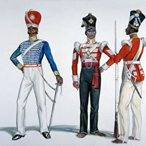 Indian Sepoy Uniforms at the time of the Indian Mutiny in 1857-58 (colour litho)