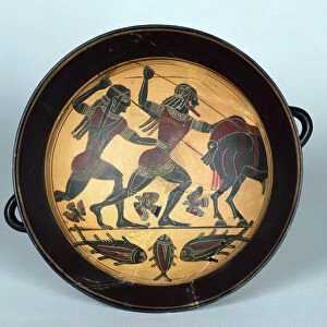 Interior of a cup depicting the hunt for the Boar of Calydon, Laconian, c