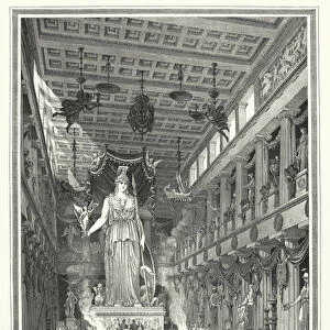 Interior of the Parthenon, Athens, with the colossal statue of the Greek goddess Athena (engraving)