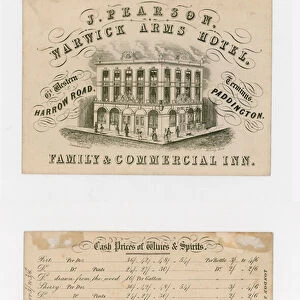J Pearson, Warwick Arms Hotel, trade card (front and back) (engraving)