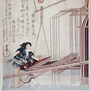 Japanese weaving loom, late 19th century print