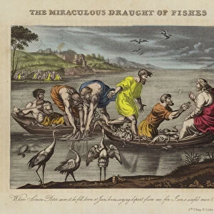 Jesus Christ and the miraculous draught of fishes (coloured engraving)
