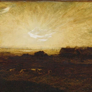 Landscape at sunset (oil on panel)