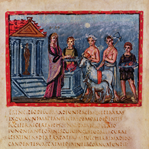 Lat 3225 f. 33v Dido making a sacrifice, from The Vergilius Vaticanus (vellum)