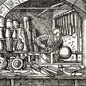 A lathe turner at work in the 16th century, from The English Illustrated Magazine