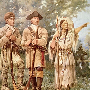 Lewis and Clark with Sacagawea (colour litho) (detail)