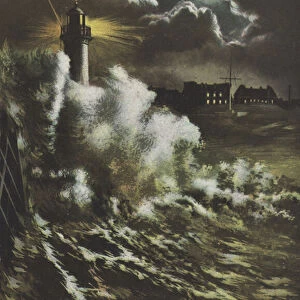 Lighthouse in a storm, Dieppe (colour litho)