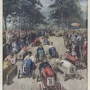 Lilliputian car race (colour litho)