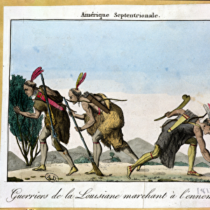 Louisiana indians tracking their enemy, c. 1811 (coloured engraving)