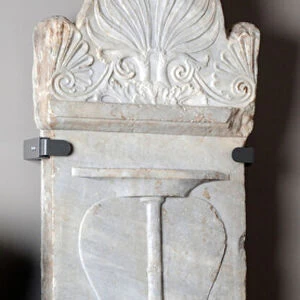 Marble gravestone depicting an amphora in relief and bearing the names of Demochares
