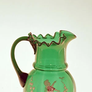 Mary Gregory green jug with fired enamel painting of child, possibly Bohemian