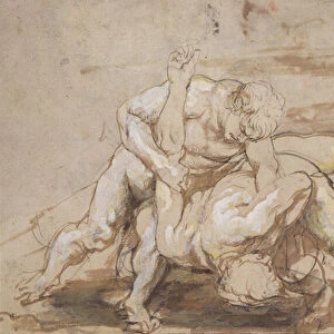 Two Men Wrestling (charcoal, pen & ink with wash on paper)