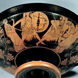 Menelaos, accompanied by Aphrodite, pursues Paris who runs towards Artemis