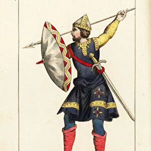 Military costume of a Norman soldier (or Saxon), 12th century, from a manuscript in England. He wears a tunic with sleeves, stockings, shoes, and is armed with a lance, buckler (shield), sword and helmet
