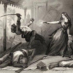 Miss Wheeler defending herself against Sepoys at Cawnpore in 1857, from The