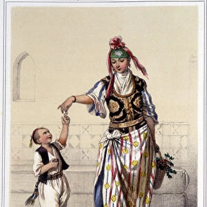 Moorish woman accompanied by a child at home in Algiers during the second half of
