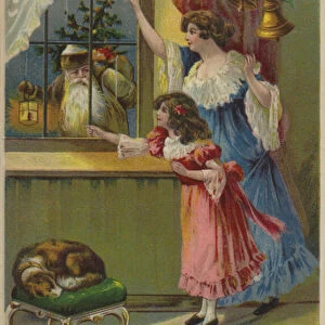 Mother and daughter, waving to Santa Claus (chromolitho)