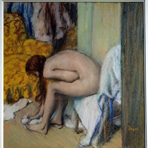 Naked woman wiping her feet A woman has her toilet. Painting (monotype in black ink