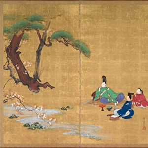 Narihira Viewing the Cherry Blossoms, Two-panel folding screen, late 1800s (ink, colour