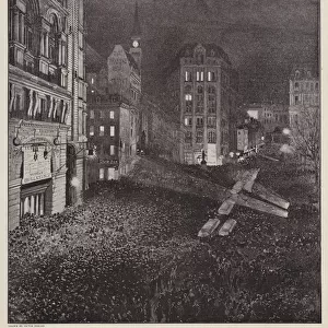Newspaper Row, New York City, on the night of the US presidential election, 8 November 1892 (litho)
