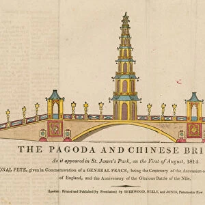 The pagoda and bridge, as it appeared in St Jamess Park, London, on 1 August 1814 (coloured engraving)